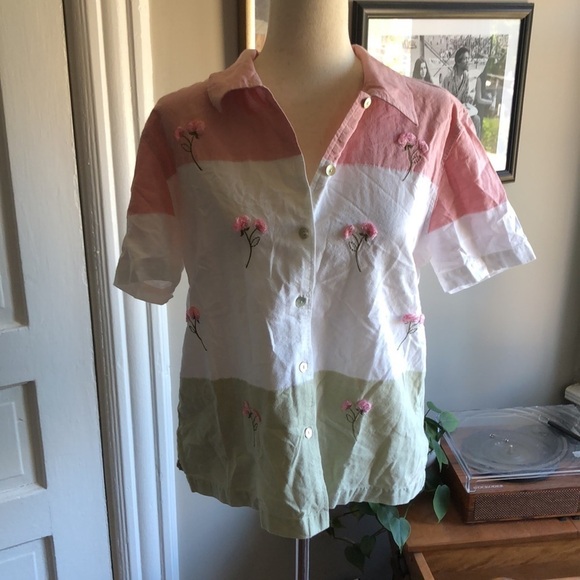 Lemon Grass 90s Y2K Floral Color Block Short Sleeve Button Down - Picture 5 of 8